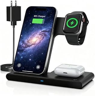 GETPALS Foldable 3‑in‑1 Wireless Charger Stand for Apple Devices | Portable Charging Dock for iPhone 17‑12 Series, iWatch 11‑2 Ultra SE, AirPods 3 4 Pro for Office Desk Home, Ink Black