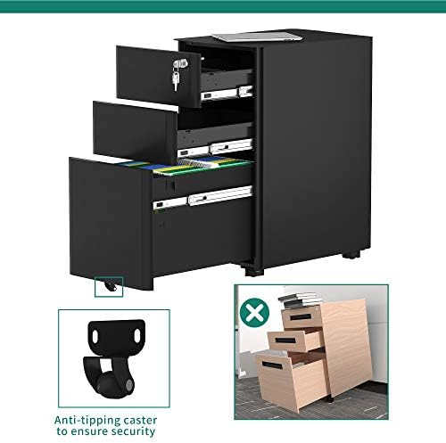 YITAHOME Fully Assembled 3-Drawers Rolling File Cabinet - Lockable Drawers, Home Office Mobile Filing Cabinet with Wheel, Under Desk File Cabinets for Letter/Legal/A4 Size, Black, 45 x 30 x 61cm