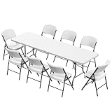 Elevon Folding Table Set with 8 White Folding Chairs,8 Feet Heavy Duty...