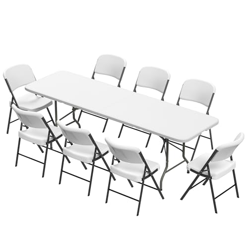 Elevon Folding Table Set with 8 White Folding Chairs,8 Feet