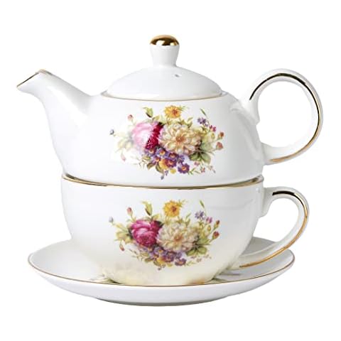CHILDIKE European Porcelain Tea for One, Vintage Floral Teapot and Saucer Set, Gold Trim Floral Teapot, Tea Cup with Saucer Set Cover