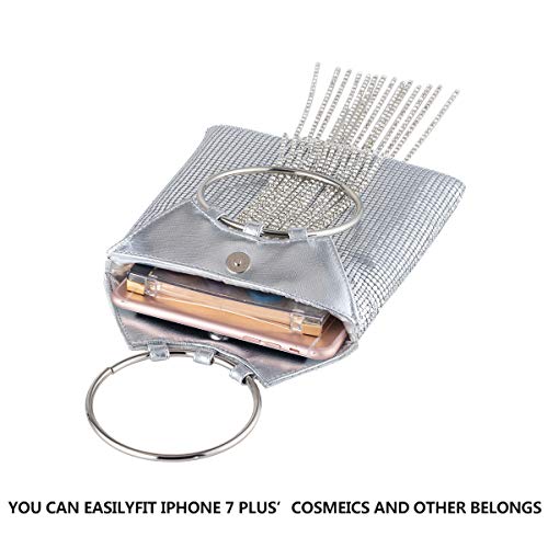 Image of Wrist Handle Cocktail Party Wedding Evening Clutch Crystal Rhinestone Tassels Tote Handbag Metal Mesh Evening Bag