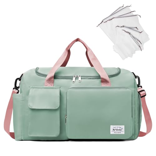 NPBAG Duffel Bag for Women, Sports Gym Bag with Wet Pocket & Shoes Compartment, Lightweight Weekender for Overnight, Travel Carry on Tote, Water Resistant (Light Green with Pink Handles)