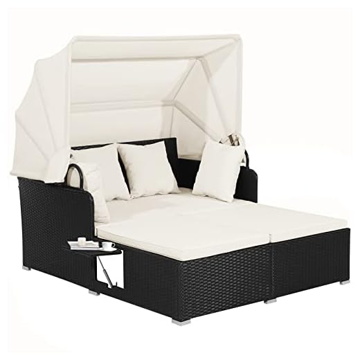 Tangkula Patio Rattan Daybed, Patiojoy Wicker Daybed Lounger w/Retractable Canopy, 2 Foldable Side Panels, Thick Seat & Back Cushions, for Garden, Backyard, Porch (Off White)