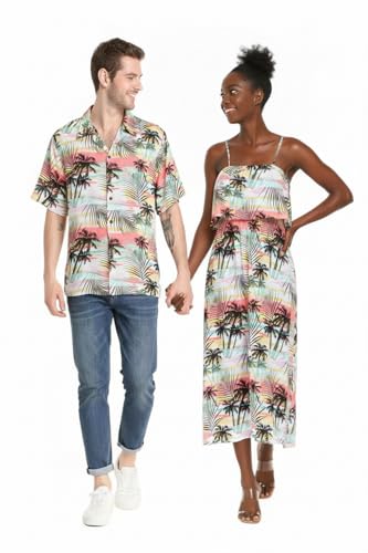 Matchable Couple Hawaiian Luau Maxi Ruffle Dress in Sunset Neon,