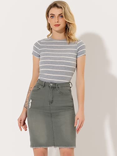 Allegra K Women's Basic Distressed High Waist Ripped Hem Washed Jeans Denim Skirt2