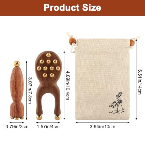 LUXBRILENT 2Pcs Rosewood Facial Massage Tools, Y-Shaped Face Meridian Gua Sha Massager & Double-Ended Eye Roller with Brass Beads, Wood Manual Massage Tool, Includes Storage Pouch - Image 2