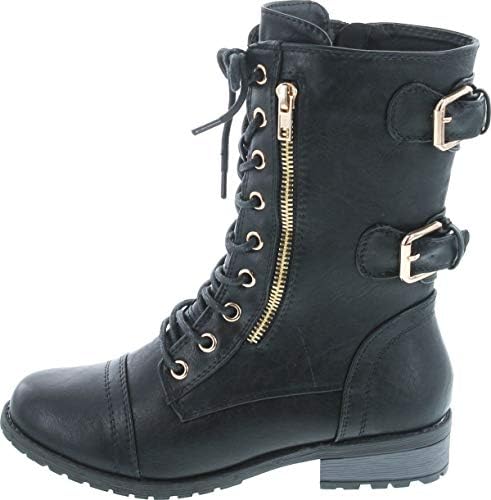 Forever Women's Mango-71 Faux Leather Military Style Ankle Boots Thick Sole Buckles | Image 1