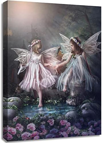 SOOTHAN Fantasy Wall Art Two Angels in Forest Garden Picture Poster Beautiful Pink Flowers Painting Magical Forest Canvas Prints for Girls Bedroom Nursery Decor Unique Gift for Daughter 12"x16" Framed
