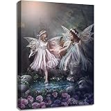 SOOTHAN Fantasy Wall Art Two Angels in Forest Garden Picture Poster Beautiful Pink Flowers Painting