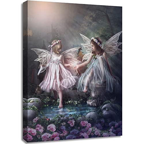 Soothan Fantasy Wall Art Two Angels In Forest Garden Picture Poster Beautiful Pink Flowers Painting Magical Forest Canvas Prints For Girls Bedroom Nursery Decor Unique Gift For Daughter 12"X16" Framed #TOP30