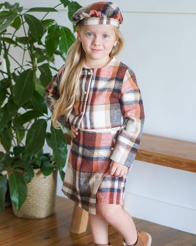 Image of HINTINA Toddler Girl 4 Pieces Outfits Ruffles Long Sleeve Tops Plaid Skirt Jacket And Hat Fall Winter Clothes Set