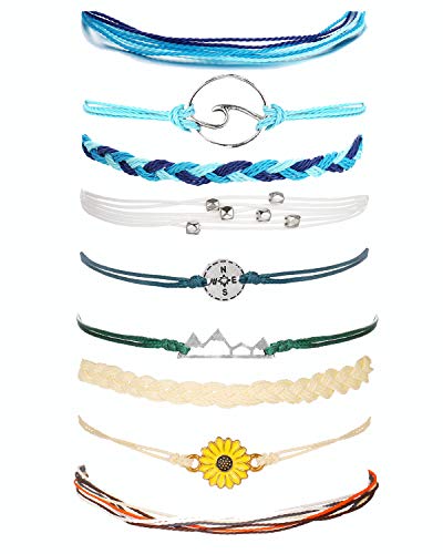 Wave Bracelet for Women Vsco Bracelets Braided Rope Wax Bracelets Surfer Wave Strand Bracelet Adjustable Mountain Sunflower Bracelet for Girls (M:Flower9)