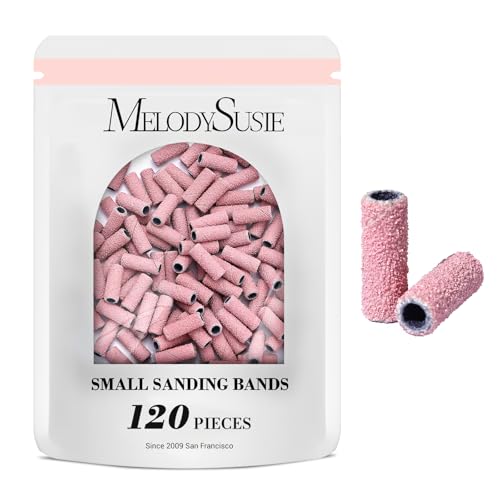 MelodySusie 120 Pcs Nail Drill Bits Small Sanding Bands for 3.1mm Mandrel Bit, 120 Medium Grit Nail File for Acrylic Nails Gel Manicures and Pedicure, Pink (Only Sanding Bands)