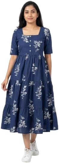 Women's Cotton Floral Leaf Print Tiered Midi Dress โ Square Neck, Short Sleeve A-Line Smock Dress for Casual Summer & Vacation Wear