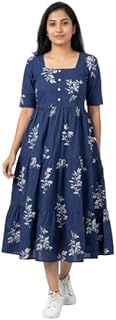 MUSANIYAA Women's Cotton Floral Leaf Print Tiered Midi Dress – Square Neck, Short Sleeve A-Line Smock Dress for Casual Sum... Price In India