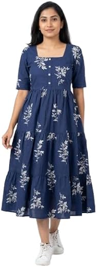 MUSANIYAA Women's Cotton Floral Leaf Print Tiered Midi Dress – Square Neck, Short Sleeve A-Line Smock Dress for Casual Sum...