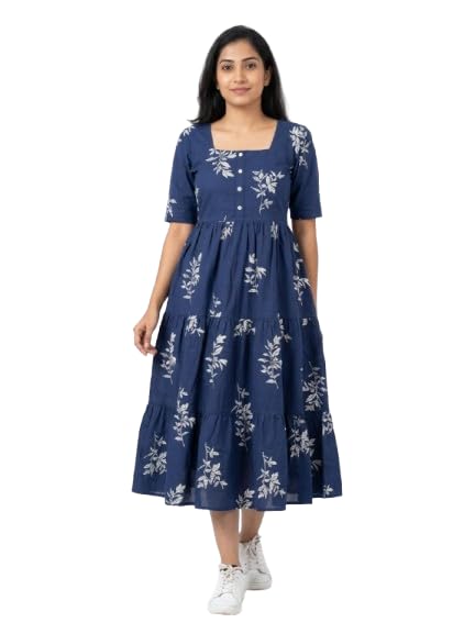 MUSANIYAA Women's Cotton Floral Leaf Print Tiered Midi Dress – Square Neck, Short Sleeve A-Line Smock Dress for Casual Sum... - Review, Price and Buying Guide