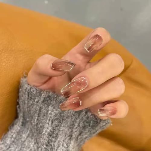 Image of 24 Pcs Reusable Artificial Nails Fake Nails with Glue and Kit|Cocoa Glass Jelly Finish Press On Nails | ABS Material UV Protected Long Lasting Finish |Medium Coffin Nails salon fresh look