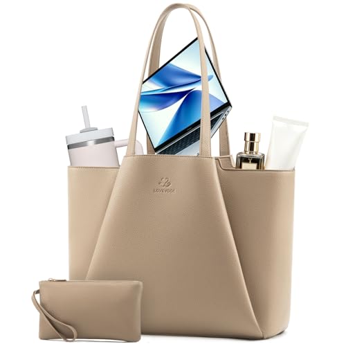 Image of LOVEVOOK Laptop Bags for Women, 15.6 inch Handbags Tote Bags with Compartments, PU Leather Shoulder Work Bag Ladies Handbags with Purse for College Office Business Shopping, Sandy