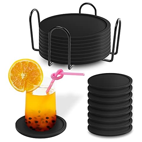 BOZKAA Untersetzer Gläser, Set mit 8 Silikon-Untersetzern, runde Design-Glasuntersetzer in Schwarz für Getränke, Bar, Tassen, Glas - Tischuntersetzer Cover