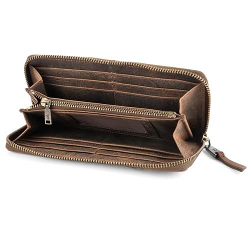 BERLINER BAGS Vintage Genuine Leather Wallet Palma, RFID Blocking Credit Card Holder, Slim Womens Wallet, Zip Around Wallet for 14 Cards, Bills, Coins, ID Window - Brown2