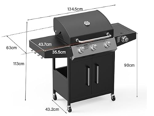 ROVSUN 3+1 Burner Gas BBQ Grill, Outdoor Portable Barbecue with Side Burner, Warming Rack, Cabinet, Side Shelves, Temperature Gauge - Steel Barbecue Trolley, for Garden, Party, Camping,Outdoor Cooking - Image 7