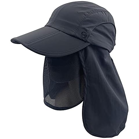 SOBEYO Unisex Outdoor Snap Hats Fishing Hiking Boonie Hunting Brim Ear Neck Cover Sun Flap Cap Dark Grey Size One Cover