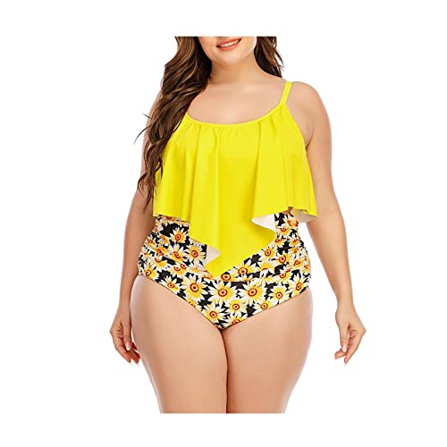 Homxi Bañadores Dos Pieza Mujer,Volantes con Estampado Flores Bañador Mujer Verano Talla Grande Amarillo Claro Traje de Baño Mujer XXL Reductor