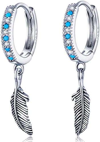 Qings 925 Sterling Silver Feather Earrings for Women, Cubic Zirconia Hoop Earrings with Blue Turquoise, Hypoallergenic Sleeper Huggie Earrings Jewellery Gift for Wedding Engagement Valentines Girls