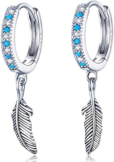 Qings 925 Sterling Silver Feather Earrings for Women, Cubic Zirconia Hoop Earrings with Blue Turquoise, Hypoallergenic Sleeper Huggie Earrings Jewellery Gift for Wedding Engagement Valentines Girls