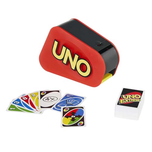 Mattel Games Jeu de Cartes UNO Extreme avec Distributeur aléatoire émettant des lumières et des Sons, 112 Cartes. Jeu pour Enfants, Adolescents et Adultes. Cadeau pour Joueurs de 7 Ans et Plus, GXY75