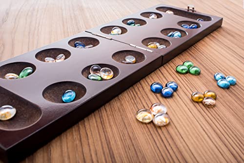 Mancala Board Game Set By Growupsmart With Dark Folding Wooden Board + Beautiful Multi Color Glass Beads - Smart Tactical Game For Kids And Adults - Easy To Store Travel Size [Unfolds To 17.13 Inches] #TOP2