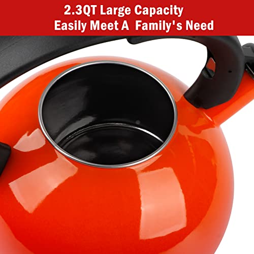 Enamel-On-Steel Tea Kettle Stovetop, 2.3 Quart Whistling Tea Kettle With Anti-Hot Folding Handle For All Heat Sources Orange #TOP3