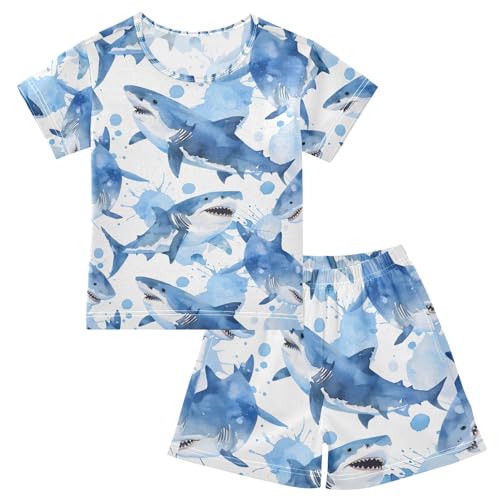 ALAZA Shark Blue Color Watercolor Pajamas Set Short Sleeve Cotton Sleepwear Summer Pjs 2 Piece 5-14Y - Main Image