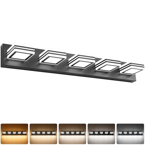 Image of SOLFART LED Bathroom Lighting Fixtures - 5 Lights Modern Matte Black Acrylic Vanity Lights for Mirror 32inch 24W 5CCT