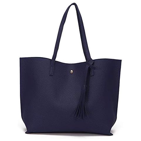 Women Fashion Leather Tote Bag Top Handle Satchel Handbags Tassel Shoulder Purse Blue Size: L Cover
