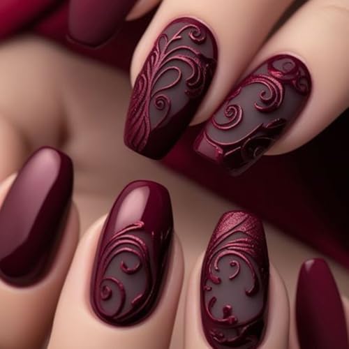 plalely Long Press on Nails Coffin Wine Red Fake NailEmbossed Plant Acrylic Nail Press ons Stick on Nails for Women 24pcs
