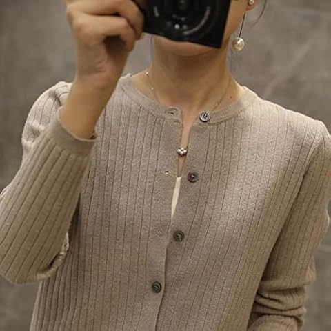 ZXCL 2022 Women's Sweater Cardigan Striped Wool Fabric Knitted Loose Simple Atmosphere Round Neck Thin Spring/Summer Lazy Jacket-L,Camel Cover