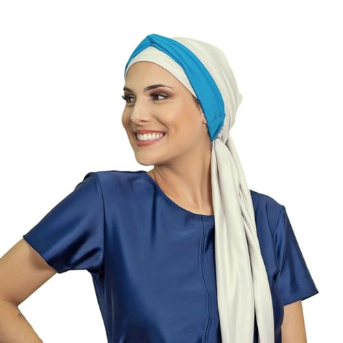 Turbante Touca Feminino Elegante Bege com Tiara de Argolas na cor escolhida Quimioterapia (Azul Turq