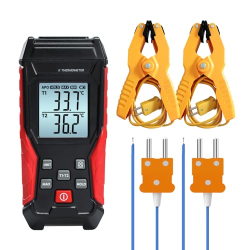 デジタル温度計 HVAC デュアルチャンネル K タイプ 温度クランプ (-328~1,371.7 °C) 温度クランプ 2 個付き 熱電対プローブ 2個、Kタイプ用HVAC温度計テスター