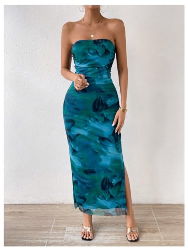 Image of GORGLITTER Women's Floral Strapless Bodycon Wedding Guest Dress Vacation Summer Birthday Tropical Maxi Long Sun Dresses