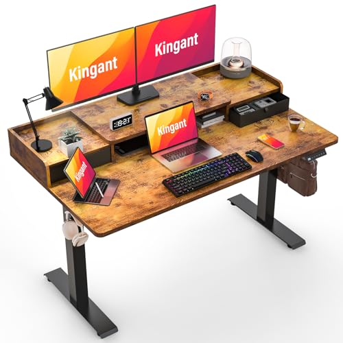 Kingant 55" x 30" Standing Desk with Drawers, Large Desktop, Ergonomic Sit Stand Desk for Home Office Work, Cable Management, 3 Preset Heights & 2 Hooks, Rustic Brown