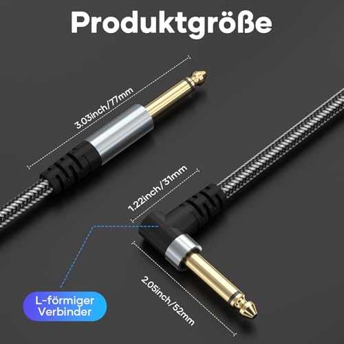 Tanzato 6.35mm Gitarrenkabel 3M,Instrumentenkabel Kompatibel mit E-Gitarren,Bässen,Trommeln,Pedalen,Verstärkern,Stimmgeräten,Lautsprechern,Stereoanlagen,Professional Audio,Abgewinkelt Klinkenkabel