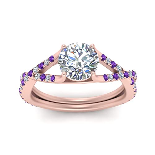 Image of Choose Your Gemstone 4 Prong Split Twisted Diamond CZ Ring Rose Gold Plated Round Shape Split Shank Engagement Ring Minimal Modern Design Birthday Gift Wedding Gift US Size 4 to 12