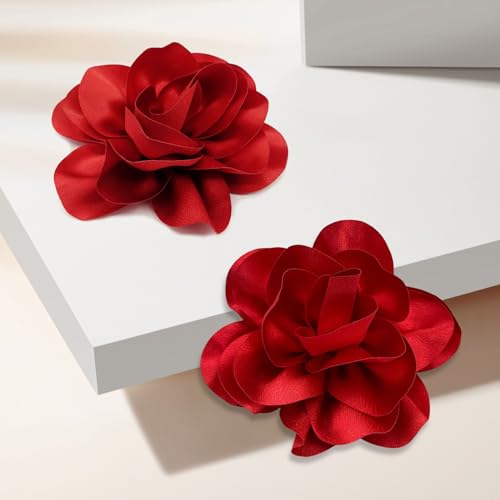 Image of 2Pack 6inch Extra Large Satin Brooches Lapel Pins Dainty Elegant Fabric Camellia Rose Flower Brooch Pin for Women Wedding Part Dance Clothes Accessories Jewelry