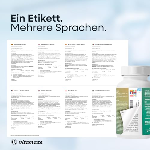 Vitamaze Grünlippmuschel Kapseln hochdosiert 1500 mg Grünlippmuschel Pulver aus Neuseeland pro Tagesdosis, 300 Kapseln. Natürliche Nahrungsergänzung ohne Zusätze, Made in Germany.