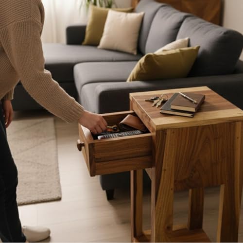 Image of Wood Bedside End Table | Side Table with A Drawer for Home Decor | Living Room | Single Table in Brown