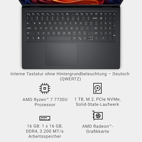 Dell 15 Laptop DC15255 15.6 FHD (1920 x 1080) 120Hz, AMD Ryzen 7 7730U, AMD Radeon Graphics, 16GB DDR4 RAM, 1TB SSD, Windows 11 Home, QWERTZ Backlit Keyboard - Black
