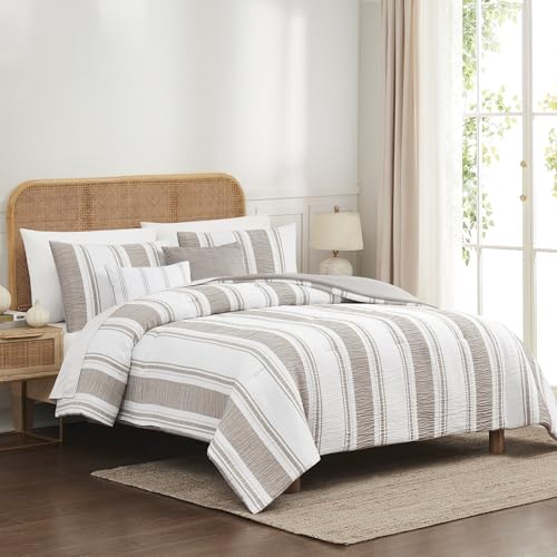 Image of Modern Threads 5-Piece Jacquard Comforter Set, Lonnie King in White Taupe - Elegant Comforter, 2 Pillow Shams, and 2 Decorative Pillows